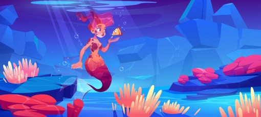 Parallax background with cute mermaid and fish